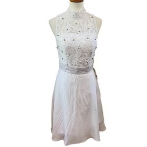 NWT TS Couture Dress White Sleeveless High Neck Bling w/ Chiffon Skirt